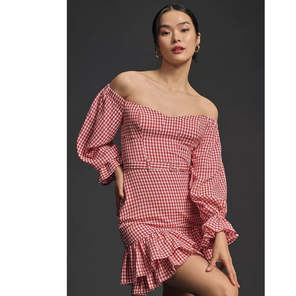NWT Anthropologie Maeve Off-The-Shoulder Ruffled Mini Dress $178 8P Red Petite